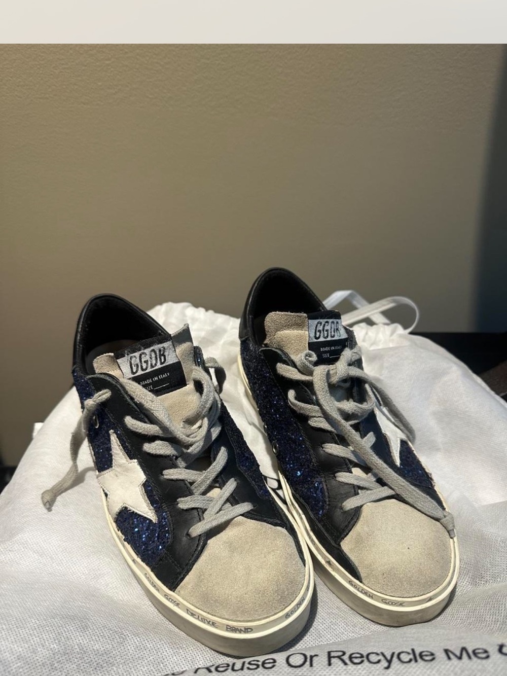 Golden Goose Women’s Navy Blue Glitter & Gray Suede Superstar Sneakers